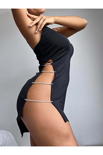 ENMADAM Cămașă de noapte cu decolteu în jos, cu piatră neagră, pe piept și picioare, mini cămașă de noapte