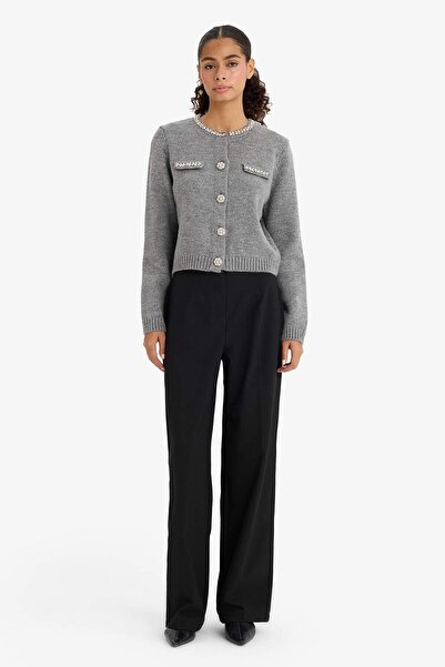 DeFacto Cardigan tricotat cu guler rotund Regular Fit și broderie (25 WN)