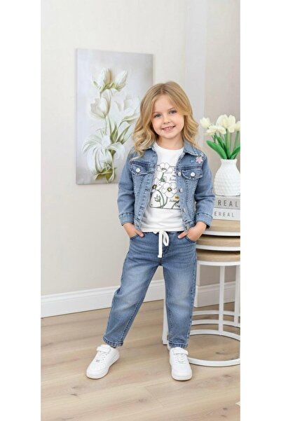 zavera for kids Girl's Floral Applique Pocket Detailed Triple Denim Set - 100% Cotton