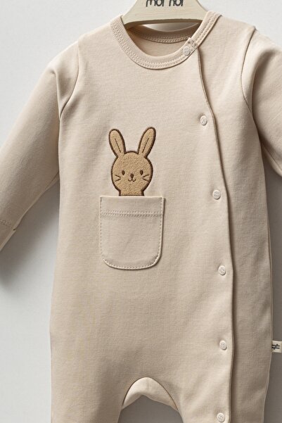 HENGAME Moi Noi Unisex 100% Cotton Rabbit Embroidered Booties Romper – Oeko-Tex Certified, Long Sleeve