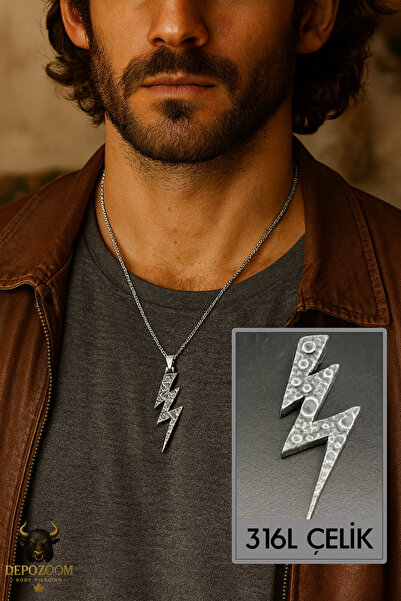 depozoom Erkek Çelik Zincir VE Kolye Ucu - Şimşek Paslanmaz 316L Çelik Aksesuar