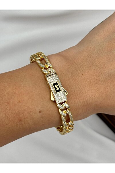 Luseda Gold Renk S Detaylı Zirkon Taşlı VIP Kelepçe Gurmet Bileklik