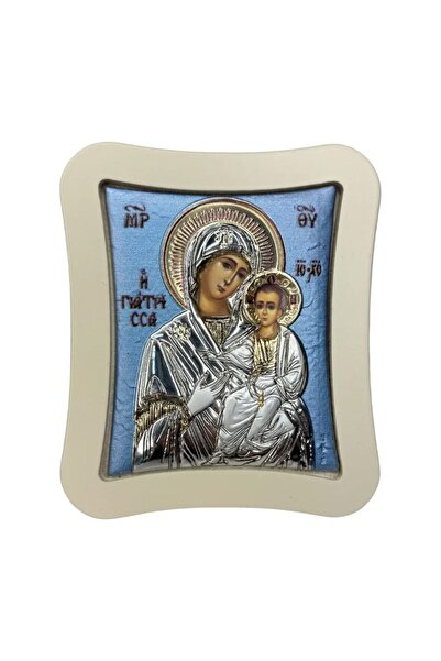 SLEVORI Icoană argintie „Mamă și copil” 18,6 x 15,8 cm albastră cu ramă albă