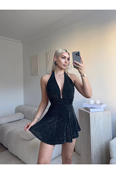 Zora Butik Boyun Bağlamalı Simli Elbise