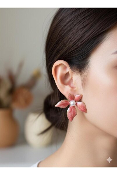 Pelin Aksesuar Salmon Pink Pearl Flower Steel Earrings