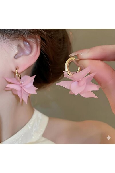 Pelin Aksesuar Buzlu Pembe Akrilik Çiçekli Gold Halka Küpe