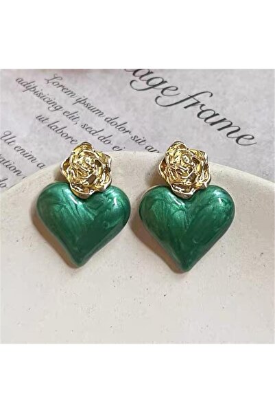 Pelin Aksesuar Yeşil Kalp Figürlü Gold Gül Detaylı Küpe