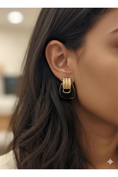 Pelin Aksesuar Black Gold Steel Earrings