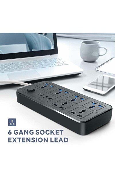Generic Universal Extension Lead UK Plug 6-Gang Power Strip with 3 USB + Type-C, 1.8m