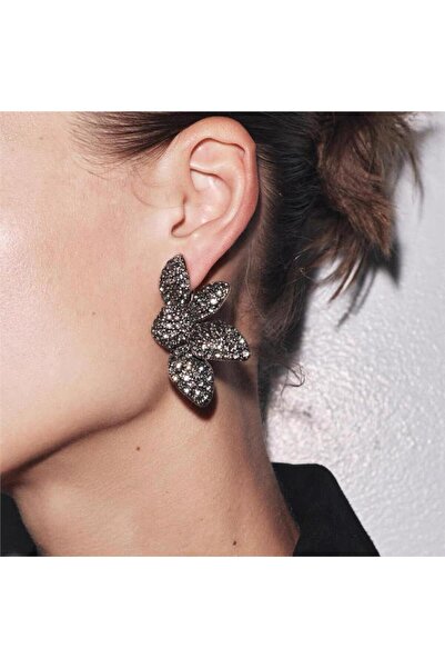 Pelin Aksesuar Siyah Zirkon Taşlı Büyük Asimetrik Çiçek Abiye Küpe