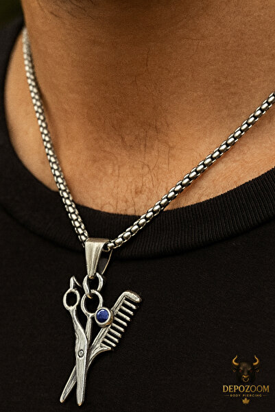 depozoom Erkek Çelik Zincir VE Kolye Ucu - Makas Tarak Paslanmaz 316L Çelik A...