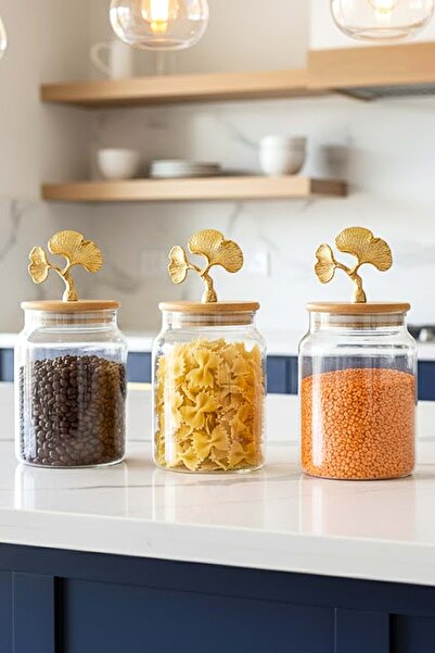 Jenisa Set of 3 Bamboo Lid Ginkgo Figured Jars - Medium Size Storage Container 890ml