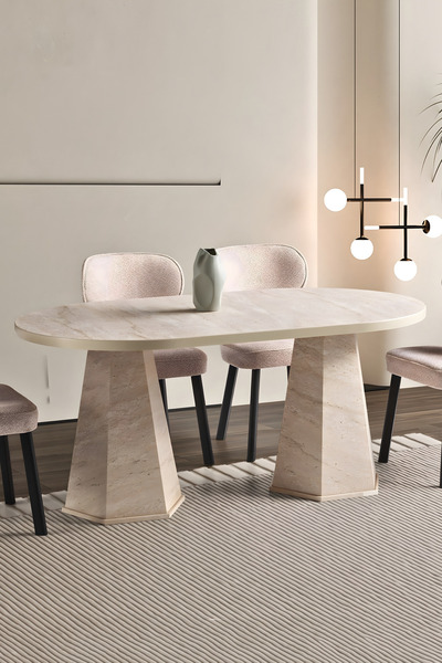 Liya Akçay Yemek Masası 6 Kişilik Yemek Masası Salon Yemek Masası Bohem Oval Mutfak Masası 160x90Cm Ahşap