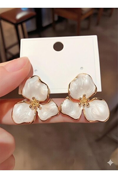 Pelin Aksesuar Beyaz Sedefli Mineli Gold Detaylı Büyük Çiçek Küpe