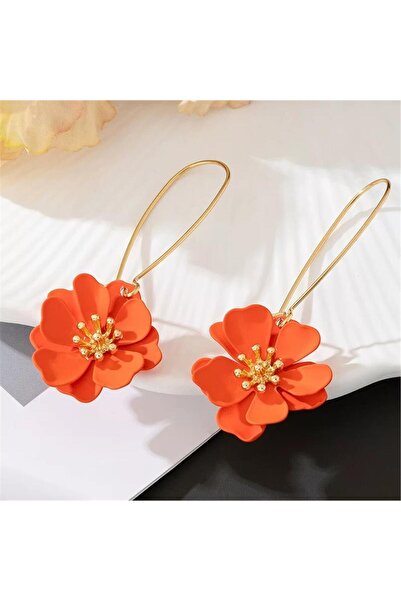 Pelin Aksesuar Turuncu Mat Yapraklı Büyük Çiçek Uzun Kancalı Küpe