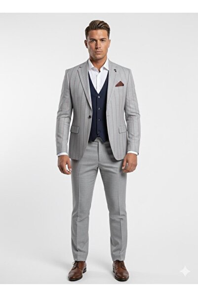 Plus Scorpion Men's Striped Suit 3-Piece Set – Jacket + Vest + Pants – Slim Fit Italian Style