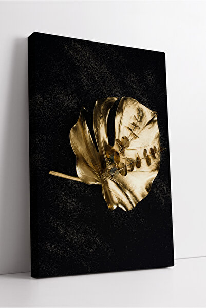 KOSS Dijital Decor de pictură pe pânză modernă, minimalistă, cu frunze de monstera aurie și detalii de eucalipt, artă naturală de lux