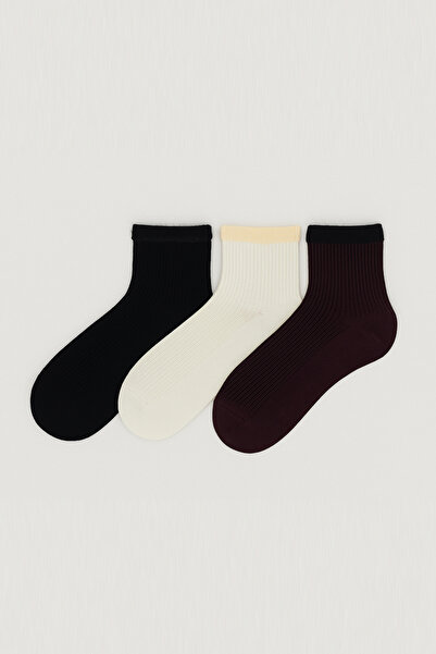 MEM SOCKS 3-Piece Rubberized Section Feathered Derby Patterned Stitch-Free Cotton Women/Girl Socks