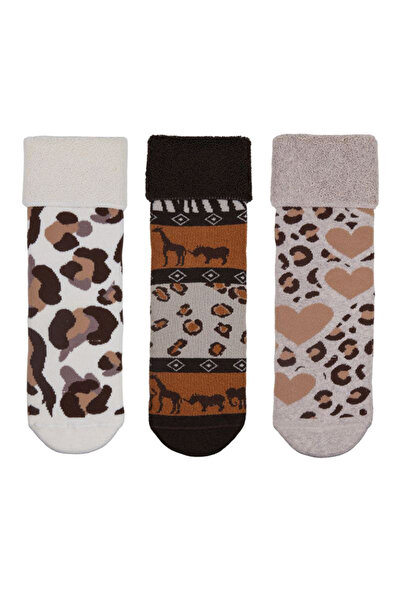MEM SOCKS 3-Piece Leopard Patterned Stitch-Free Cotton Towel (Thick) Women's Socks