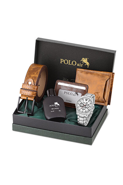 Polo Air Erkek Kol Saati Kemer Cüzdan Kartlık Parfüm Hediyelik Kutusunda Gümü...
