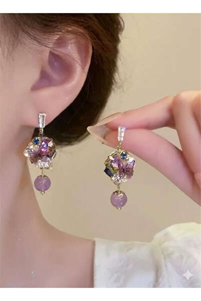 Pelin Aksesuar Mor Kristal Kelebek Figürlü Zirkon Taşlı Sallantılı Küpe
