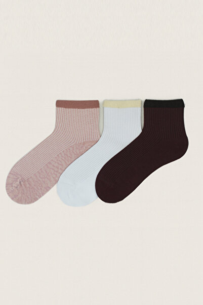 MEM SOCKS 3-Piece Rubberized Section Feathered Derby Patterned Stitch-Free Cotton Women/Girl Socks