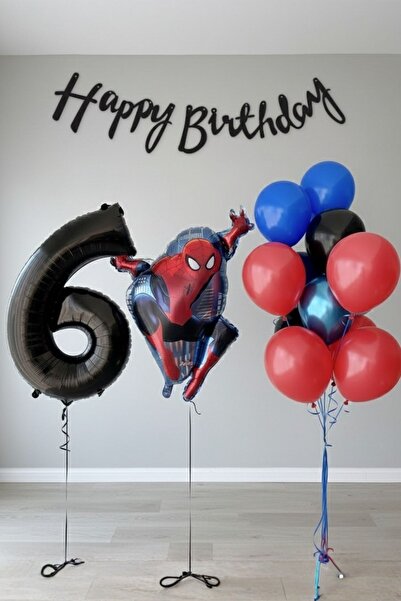 PARTİAVM 6 Yaş Dev Siyah Rakam Balonlu Örümcek Adam Doğum Günü Balon Seti Süp...