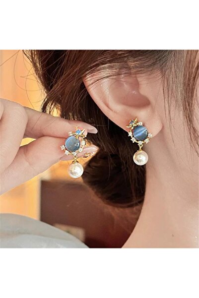 Pelin Aksesuar Blue Cat's Eye Stone Pearl Dangle Earrings