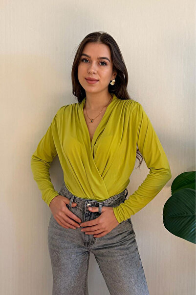 Nazline Women's Double-Breasted Collar Shoulder Drape Detailed Bottom Snap Fastener Bodysuit