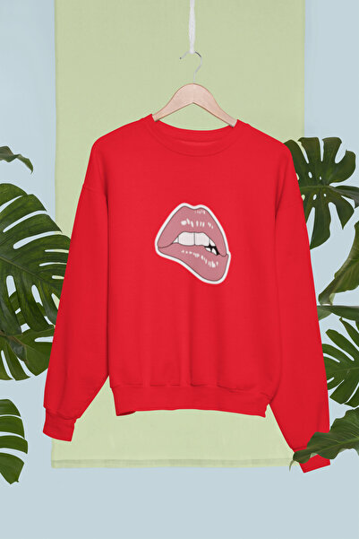 MG سويت شيرت قطني بأكمام طويلة مطبوع عليه شفاه مبطن بالصوف NISEX SWEATSHIRT