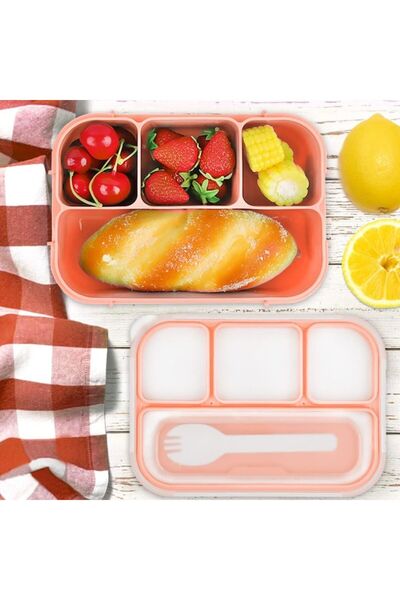 Bugucat 4-compartment food container, dishwasher & microwave safe, pink/gray, with fork, BPA-free