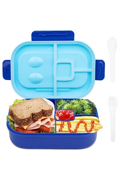 Bugucat Lunch box with 4 compartments, dishwasher- and microwave-safe, blue, with included fork, BPA-free pl