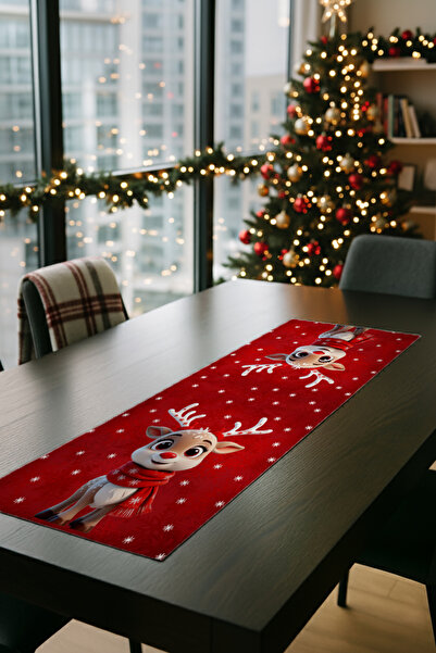 Artvibe Christmas Themed Cute Deer Patterned Red and White Decorative Runner Tablecloth 45X100Cm