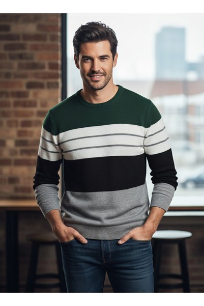 Vocens Erkek Çizgili Selanik Örgü Triko Kazak | Bisiklet Yaka Casual Stil