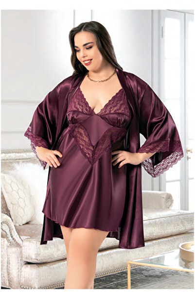 euro click طقم روب نوم فاخر من الساتان المزدوج مقاس كبير