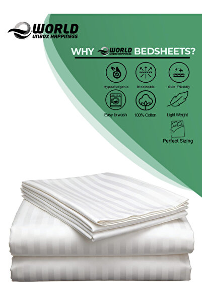 e world unbox happiness 3 Piece White Striped Fitted Bed Sheet Set – Fitted Sheet & 2 Pillowcases