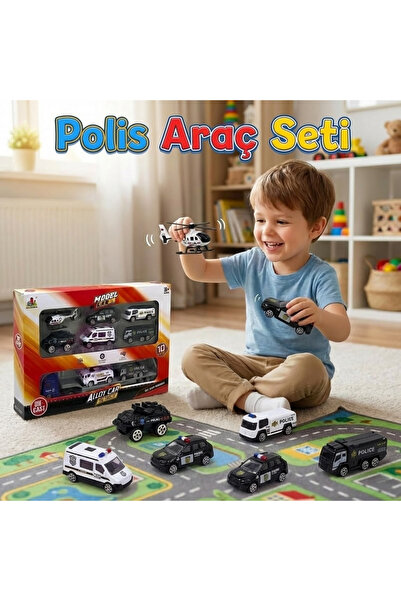 craftivio 10 Parça Metal Gövdeli Polis Timi Oyun Seti | Tır, Helikopter ve Zırhlı Araçlar | 1:64 Model Araba