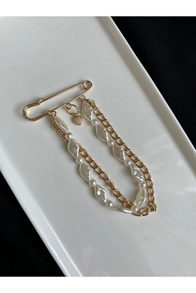 Handmade Kalp Detaylı Gold Zincirli Charm Broş – El Yapımı Çanta & Şal Aksesuarı