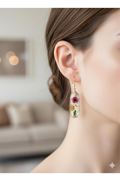 Pelin Aksesuar Şeffaf Reçine İçinde Kurutulmuş Papatya ve Pembe Çiçek Küpe