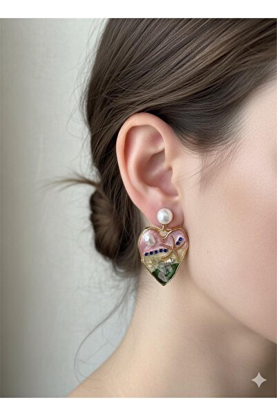 Pelin Aksesuar Pembe ve Yeşil Mineli Deniz Temalı Kalp Küpe