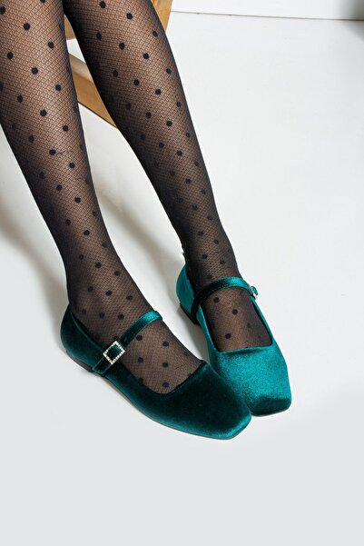 dabab shoes Velora Emerald Buckle Square Toe Velvet Mary Jane Ballet Flats