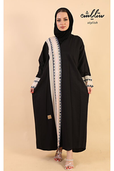 Stylish عباية لنن لف مطرزة