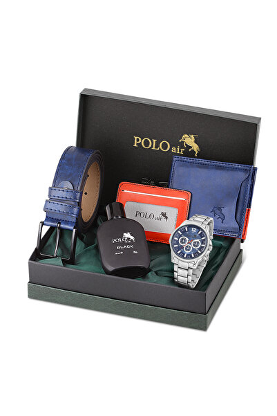 Polo Air Erkek Kol Saati Kemer Cüzdan Kartlık Parfüm Hediyelik Kutusunda Gümü...