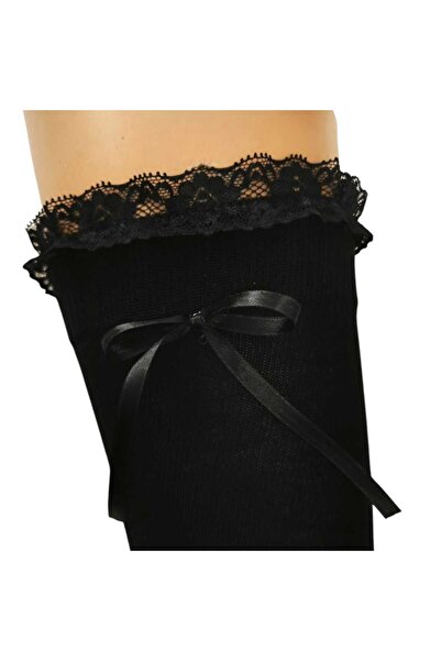 HAYEL 1 ζευγάρι γυναικείες μαύρες κάλτσες από βαμβακερό χτενισμένο βαμβάκι υψηλής ποιότητας με δαντέλα κάτω από το γόνατο