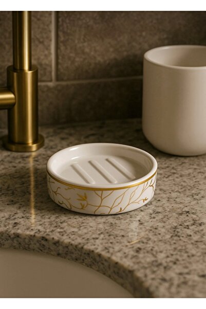 CEZVE HOME Dekoratif Porselen Hayat Ağacı Desenli Gold Detaylı Katı Sabunluk ...