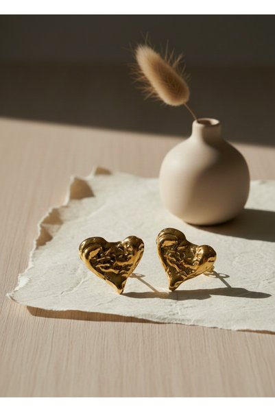 Cosmia Shine Liquid Series: Molten Gold Look Tattoo Textured Steel Heart Earrings