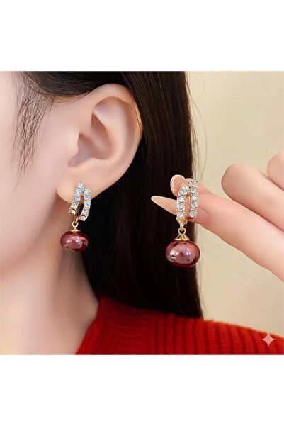 Pelin Aksesuar أقراط حجرية مزدوجة على شكل حلقة من اللؤلؤ الأحمر العنابي