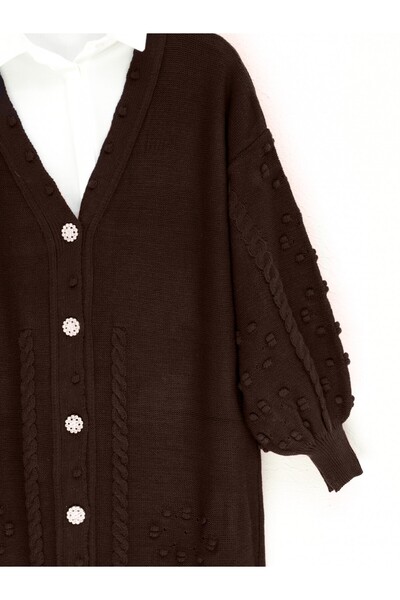 Modamorfo Embossed Knitted Patterned Buttoned Knitwear Cardigan - Brown