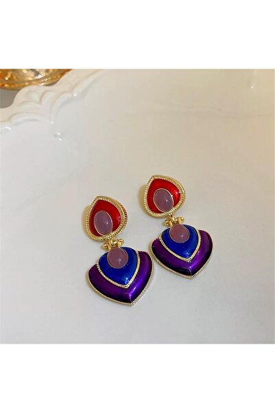 Pelin Aksesuar Kırmızı Mor ve Mavi Kalp Figürlü Etnik Küpe