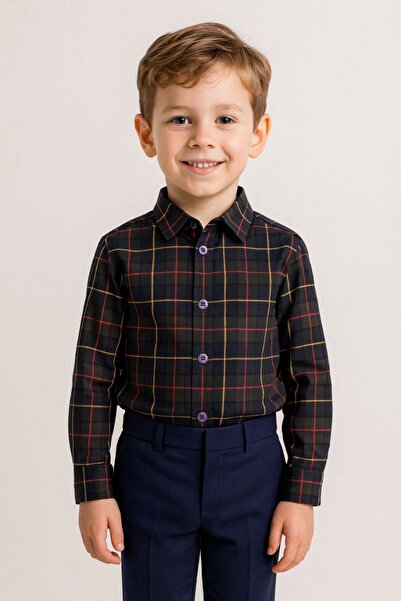 La reina petite Boys' suit: long-sleeved plaid shirt and navy blue trousers